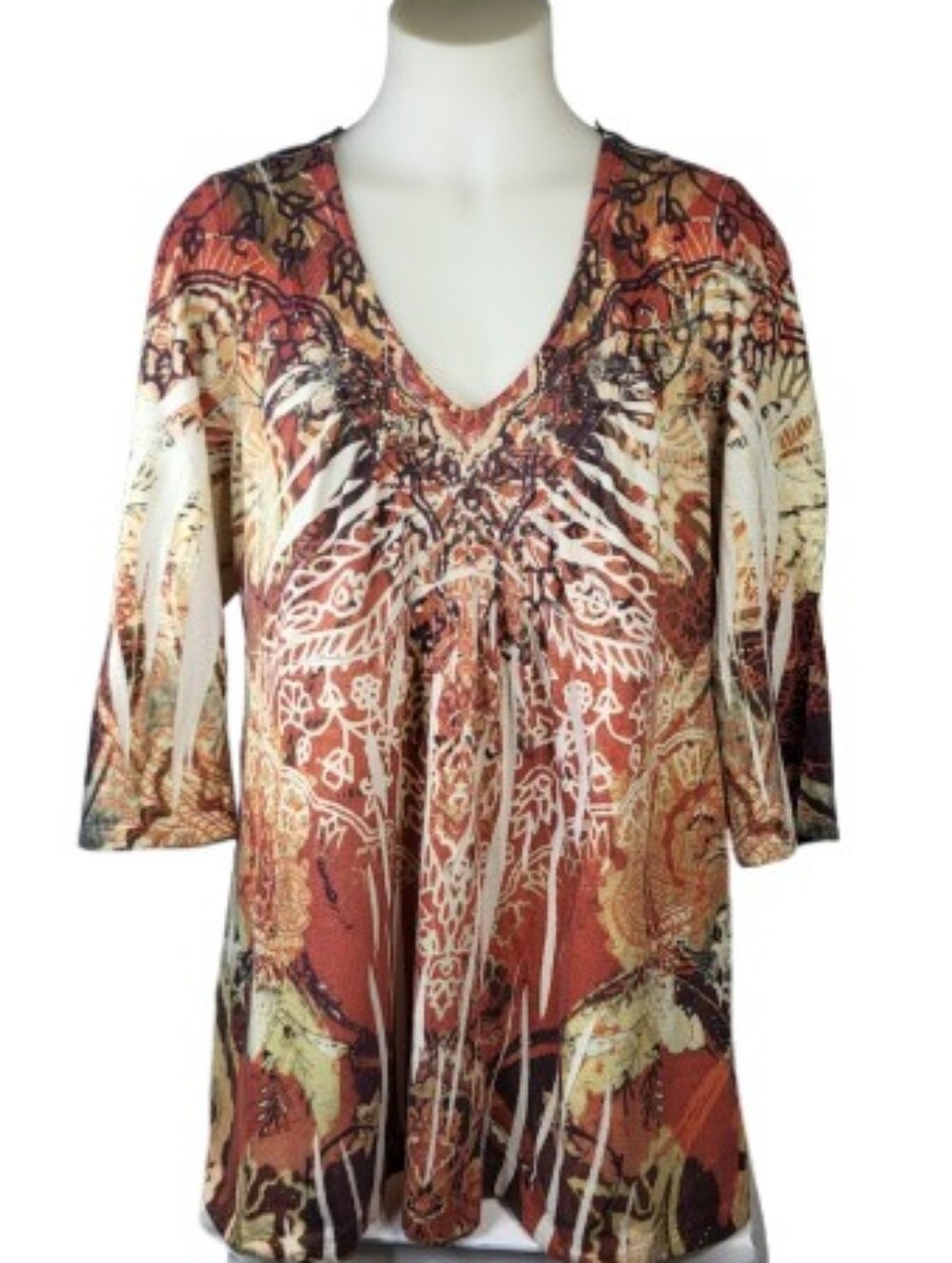 Energe Orange Brown Lace 3/4 Slv V Neck Top Sz 2X